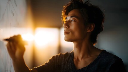 Focused young entrepreneur drawing on a whiteboard with a marker illuminated by warm golden light during a brainstorming session
