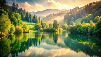 Naklejka premium Photo of serene mountain lake reflecting lush green trees and rolling hills under a golden sunrise with soft clouds and mist creating a tranquil, idyllic landscape