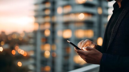 Professional man using a glowing smartphone on a balcony overlooking a blurred urban cityscape with buildings lit up at dusk