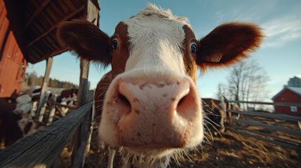 Close-up of a curious cow with a barn and fence in the background.