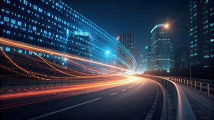 Digital City Data Flow: Urban Light Trails and Binary Code