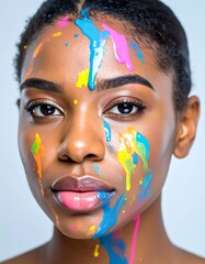 Close-up portrait of a woman with vibrant paint splatters on her face