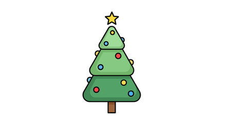 Cartoon Christmas Tree with Star and Colorful Ornaments.