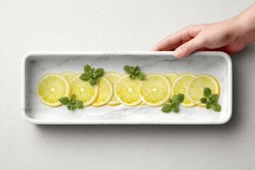 Lemon slices arranged in a rectangular marble platter.