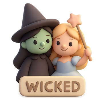 Charming 3D render of Elphaba and Glinda from Wicked, the musical's iconic good and wicked witch characters, depicted in a delightful, cute, and stylized cartoon illustration, perfect for fans of fant