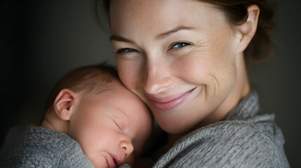 A smiling woman lovingly holds a sleeping baby close to her face.