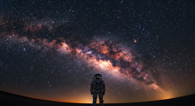 A solitary astronaut stands in awe on a distant world, gazing up at the magnificent and star-filled Milky Way galaxy