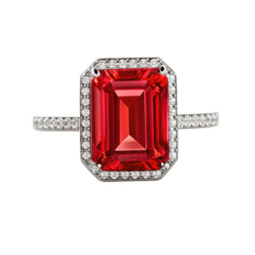 Elegant red ruby ring with diamonds isolated on transparent background