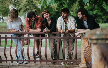 A cheerful group of friends relaxing together by a railing in a lush green park. The atmosphere is lively and friendly, capturing the joy of companionship on a beautiful day.
