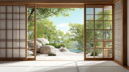 Naklejka premium This serene, minimalist room embodies Japanese design, featuring a large window that open space for meditation