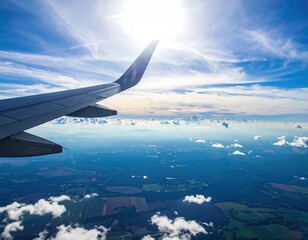 Aerial view from an airplane window, showcasing a wing against a bright, sunny sky and a patchwork of land below. Perfect for travel and adventure themes.