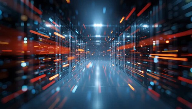 Rows of dedicated servers mining in high-tech cryptocurrency farm. Data center with advanced hardware, network, processing power. Digital currency exchange, crypto market.