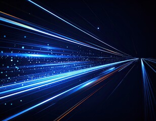 Abstract blue light streaks and glittering particles illuminate a digital tunnel, symbolizing rapid data transfer and advanced technology.