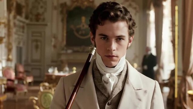 Un retrato de moda cinematográfico a color de un joven con un traje de Época Victoriana 