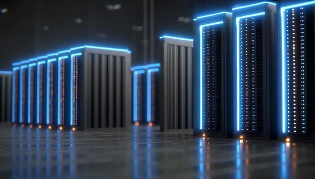 Rows of dedicated servers mining in high-tech cryptocurrency farm. Data center with advanced hardware, network, processing power. Digital currency exchange, crypto market.
