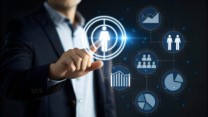 Professional businessman navigates digital interface targeting career growth and data analysis in modern business strategy