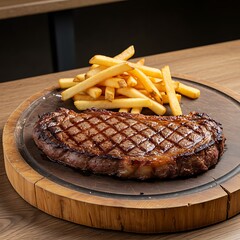 鉄板の上のステーキとフライドポテト