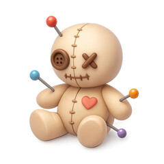A stylized 3D voodoo doll. Adorable yet eerie, button eye, X-eye, stitched mouth, red heart. Colorful pins pierce soft beige fabric body. Dark background. A unique character merging cute aesthetics, f