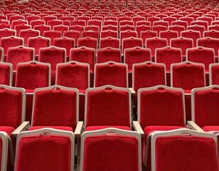 Naklejka premium Rows of luxurious empty red velvet chairs in an auditorium, creating a symmetrical pattern and inviting atmosphere for events, shows, or conferences.