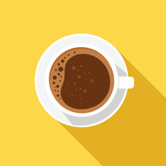 A top-down flat vector illustration of a cup of coffee on a saucer, set against a solid yellow background