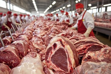 A bustling meat processing facility where workers in red hats prepare large cuts of meat for distribution.