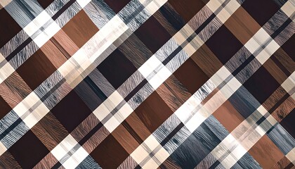 Abstract plaid pattern with wood grain textures in various shades of brown, beige, and white