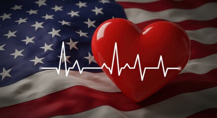Symbol of American Vitality: A heart, symbolizing health, vitality, and well-being, is juxtaposed with the American flag, representing the nation's energy and spirit, with a heartbeat overlay