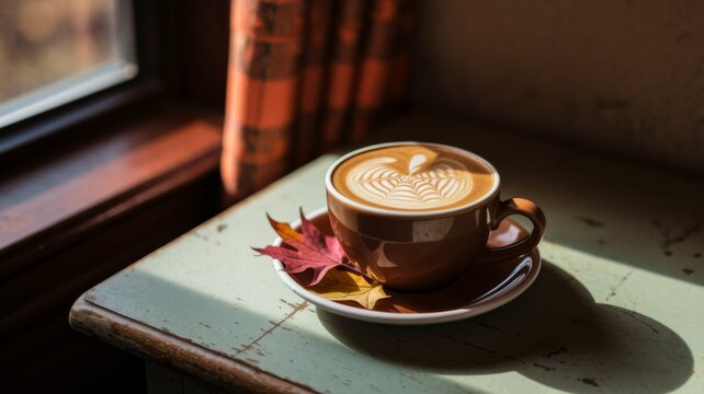 autumn cup of coffee with leaves