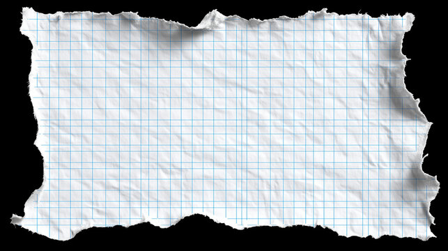 a white sheet of paper with blue grid lines, torn at the top and bottom, on a black background,