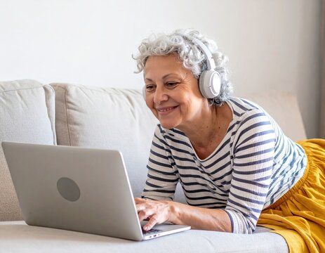 Smiling senior woman with headphones enjoying digital content on laptop while relaxing comfortably on a sofa at home.