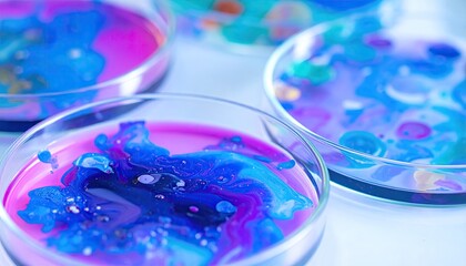 Vibrant blue and purple liquids swirling in petri dishes, depicting scientific experiments, microbiology, or abstract patterns.