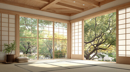 Fototapeta premium This serene, minimalist room embodies Japanese design, featuring a large window that open space for meditation