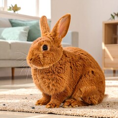 Fluffy orange rabbit on beige carpet in a cozy room