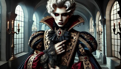 Fototapeta premium Royal Portrait: A captivating regal figure, elegantly dressed, stands regally within a gothic-inspired corridor. The atmospheric setting and vintage fashion evoke a sense of history and nobility.