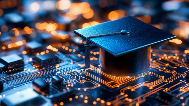 Graduation Cap on Circuit Board Symbol of Technological Advancement in Education