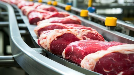 A production line showcasing cuts of red meat ready for processing in a food manufacturing facility.