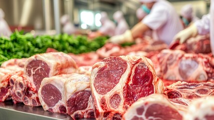 Fresh, cut meat displayed in a processing facility with workers in the background, emphasizing hygiene and food preparation standards.