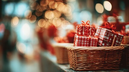 Obraz premium Soft focus and background blurred Gift Baskets, Gift set .Holiday and Christmas and New year present Concept 