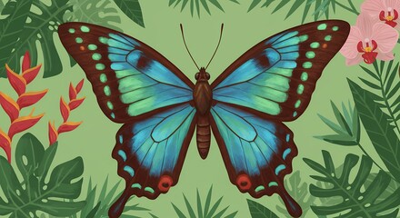 Beautiful blue butterfly in floral background