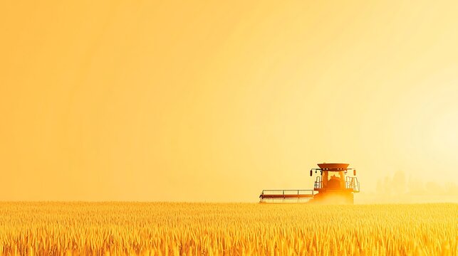 Golden hour harvest combine harvester in a wheat field
