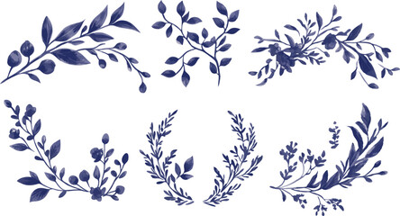 Collection of elegant dark blue watercolor floral branches and leaves for decorative design elements