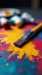 Fototapeta premium Artists Palette with Paintbrush and Vibrant Paints Ready for Creative Inspiration