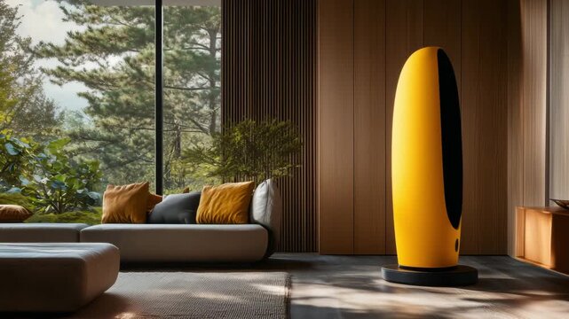A vibrant air purifier stands in a contemporary living room filled with natural light, surrounded by plants and stylish furniture