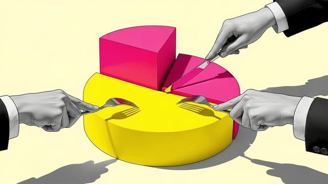 Hands cutting and dividing a pie chart with forks and a knife on a light yellow background color