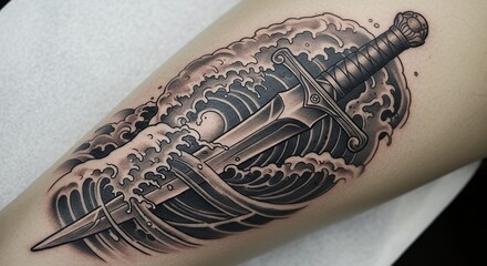 Detailed grayscale sword tattoo design on leg