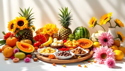 A colorful Puja assortment with papayas, pineapples, and watermelons, a variety of sweets including kaju katli and soan papdi