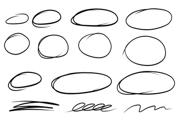 Highlight oval frames, hand drawn underlines lines. Hand drawn scribble doodle brush circle set. Ovals and ellipses line template. Stock vector illustration isolated on white background.