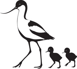 Obraz premium Avocet bird with children in silhouette family nature illustration
