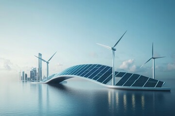 A bridge made of solar panels and wind turbines, symbolizing the transition from traditional business to ESG-driven sustainability, futuristic conceptual design