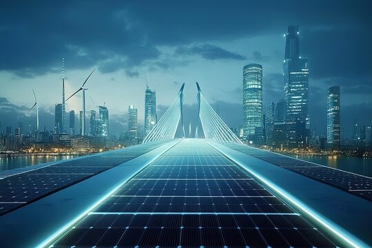 A bridge made of solar panels and wind turbines, symbolizing the transition from traditional business to ESG-driven sustainability, futuristic conceptual design - Powered by Adobe